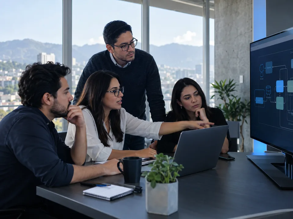 Equipo tecnológico colaborando en el diseño de una solución digital
