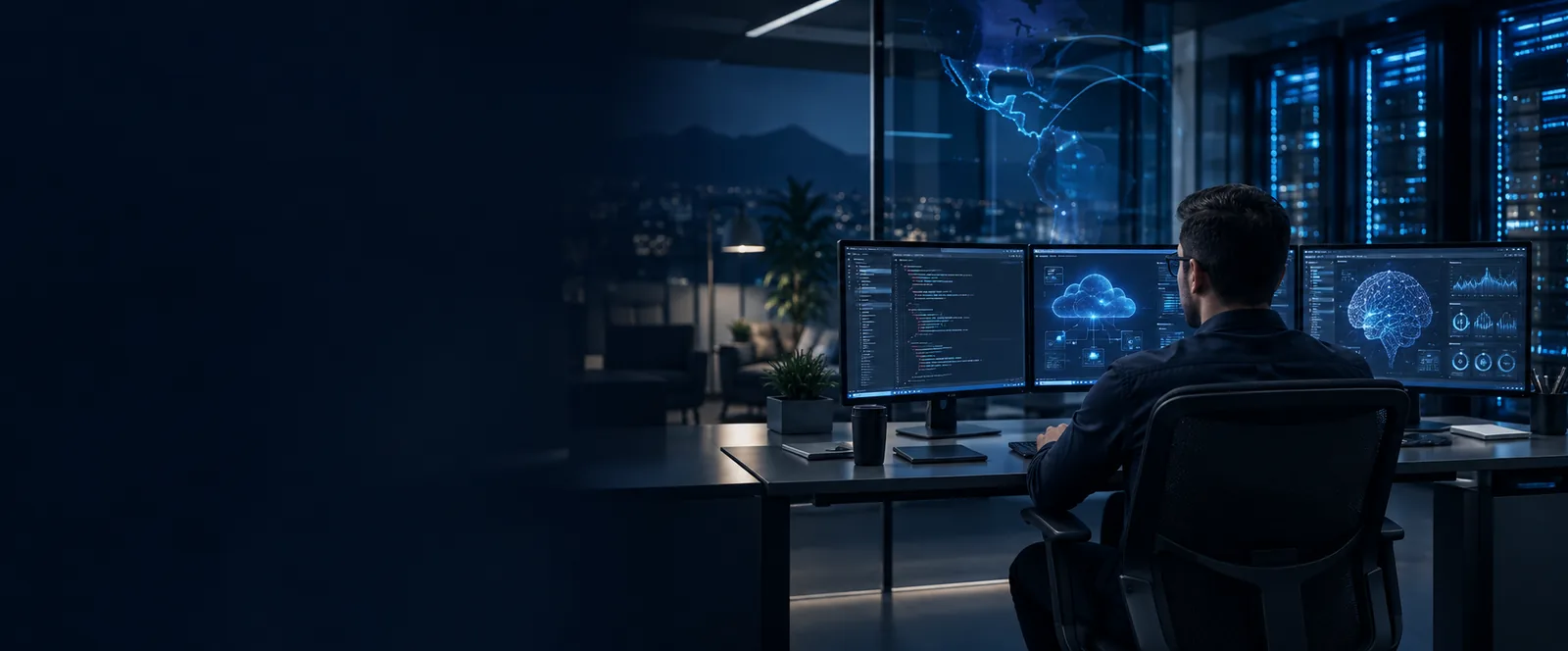 Profesional trabajando con sistemas de software, nube e inteligencia artificial